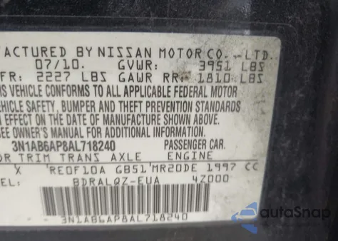 2010 Nissan Sentra 2.0 z USA, uszkodzony, nr VIN 3N1AB6AP8AL718240